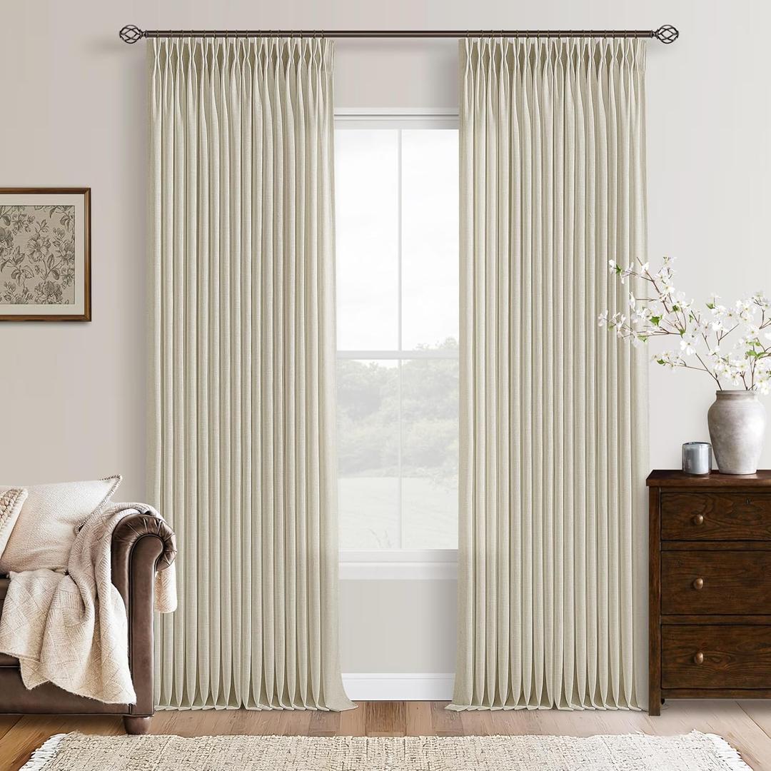 94 Inch Linen Pinch Pleated Curtains 2 Panels for Living Room Bedroom Memory Training Shaped Semi Sheer Beige Light Tan Pinch Pleat Drapes with Hooks Rings Light Filtering Window Curtain 50x94
