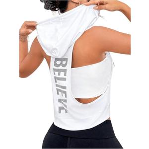 SweatyRocks Women's Sleeveless Low Cut Racerback Hoodies Workout Tops Cropped Hooded Tanks with Pocket (Large, White)