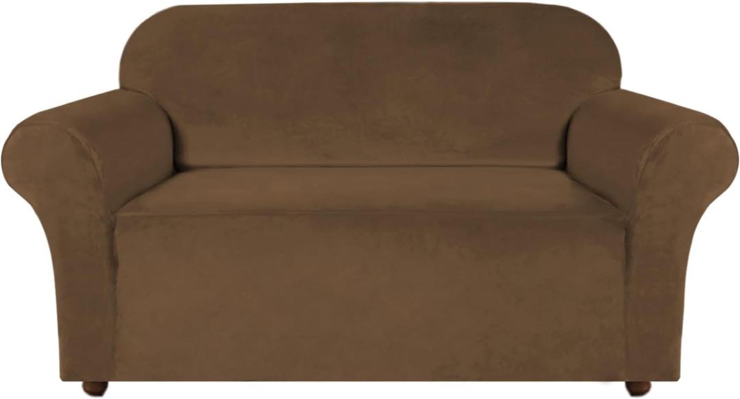 Turquoize Velvet Loveseat Covers Stretch Love Seat Couch Covers for 2 Cushion Couch Velvet Sofa Cover with Non Slip Elastic Bottom Furniture Cover Crafted from Soft Fabric (Loveseat, Bronze Brown)