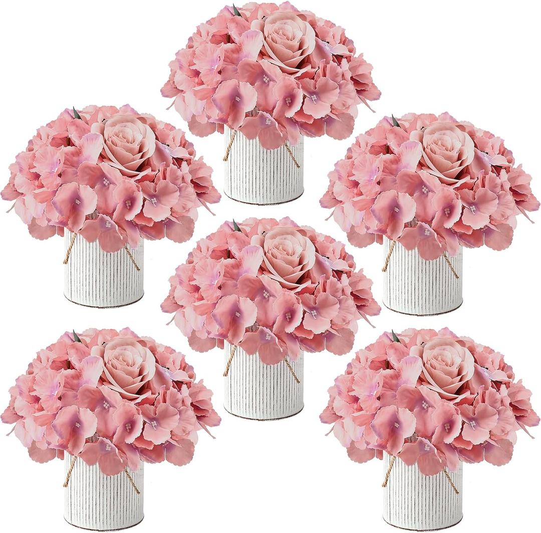 DIYDOFUN Flower Table Centerpieces  Set of 6 Floral Arrangement Artificial Wedding Hydrangeas Floral Arrangement with Rustic Metal Vase for Bridal Tea Party Event Decorations  Deep Pink