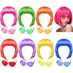 PLULON 7 Pcs Neon Short Bob Wigs 7 Pcs Sunglass Colorful Party Cosplay Wigs Hairpieces for Bachelorette Neon Party Favors Supplies, Halloween Costumes