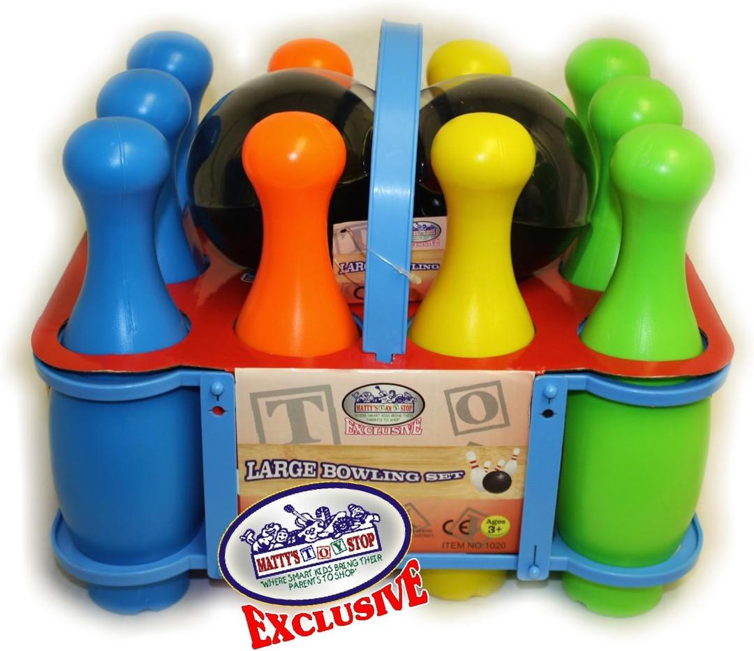 Matty's Toy Stop 10 Pin Multi-Color Deluxe Plastic Bowling Set for Kids with Storage Rack - 12 Pieces Total (10 Pins & 2 Bowling Balls)