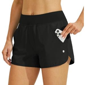 Willit Women's 3" Swim Board Shorts Swimming Bottoms with Brief Liner Quick Dry UPF 50+ (Medium, Black)