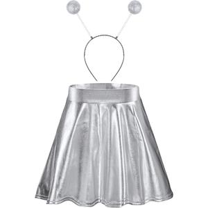 Sintege Halloween Alien Headband and Metallic Flared Pleated Skater Skirt for Costumes Supplies (XXX-Large Skirt, Silver)