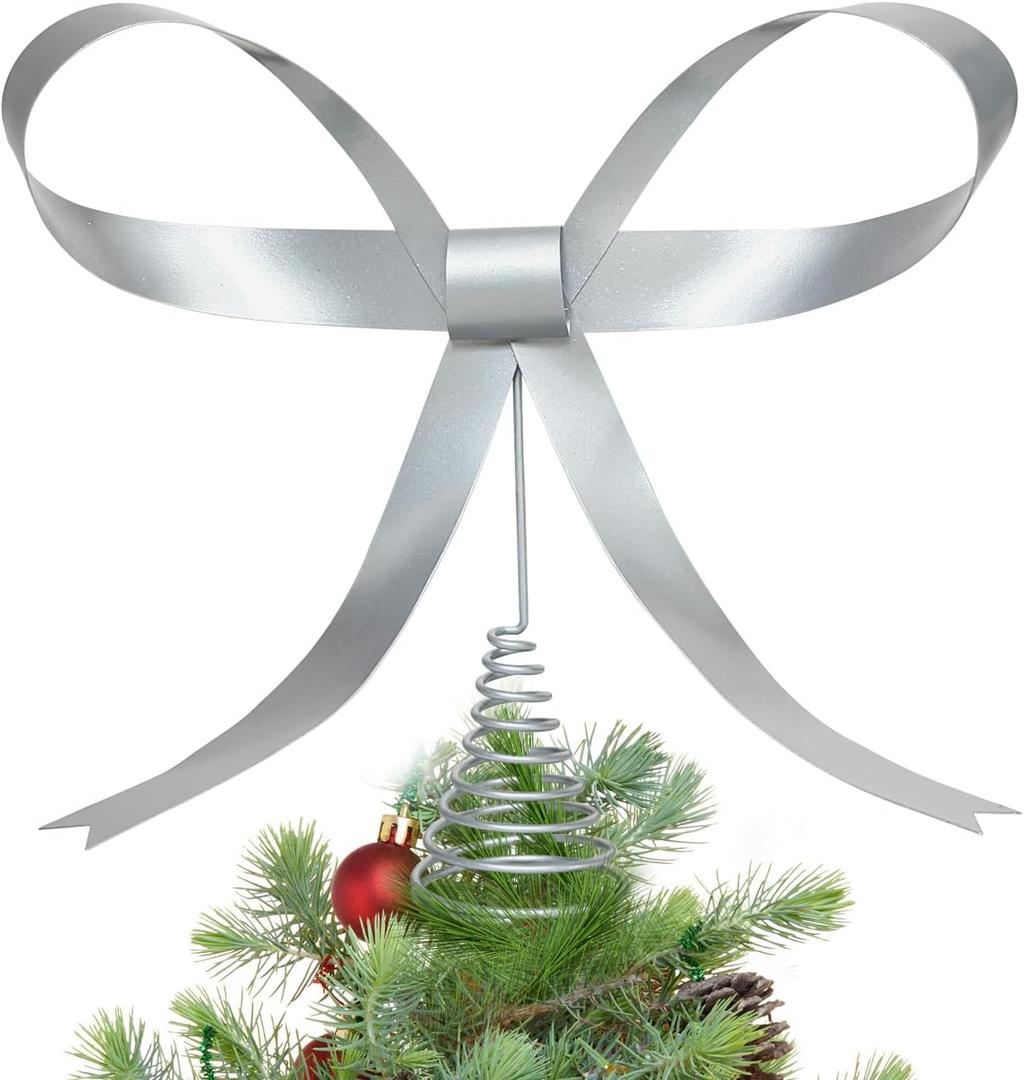 Large Silver Bow Christmas Tree Topper,9.4 Inch Metal Tree Topper,Silver Bow Christmas Decorations for Xmas Home Decor Holiday Party Indoor Outdoor Shop Office