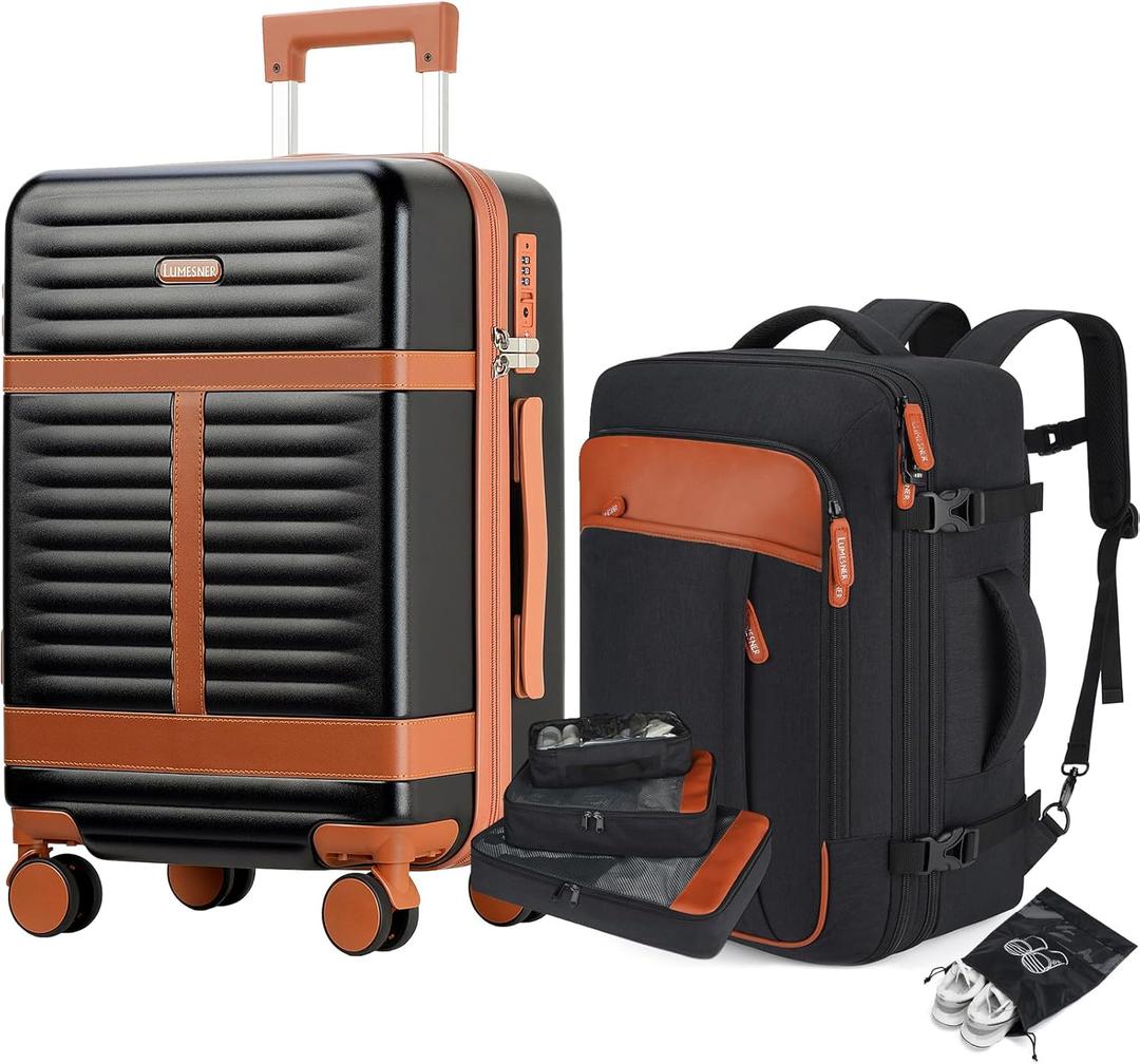 Lumesner 5 Piece Luggage Sets with Travel Backpack, 20" Carry On Hardside Spinner Suitcases, TSA Lock, Durable PC (Black, 5 piece set (20inch)), XX-Large