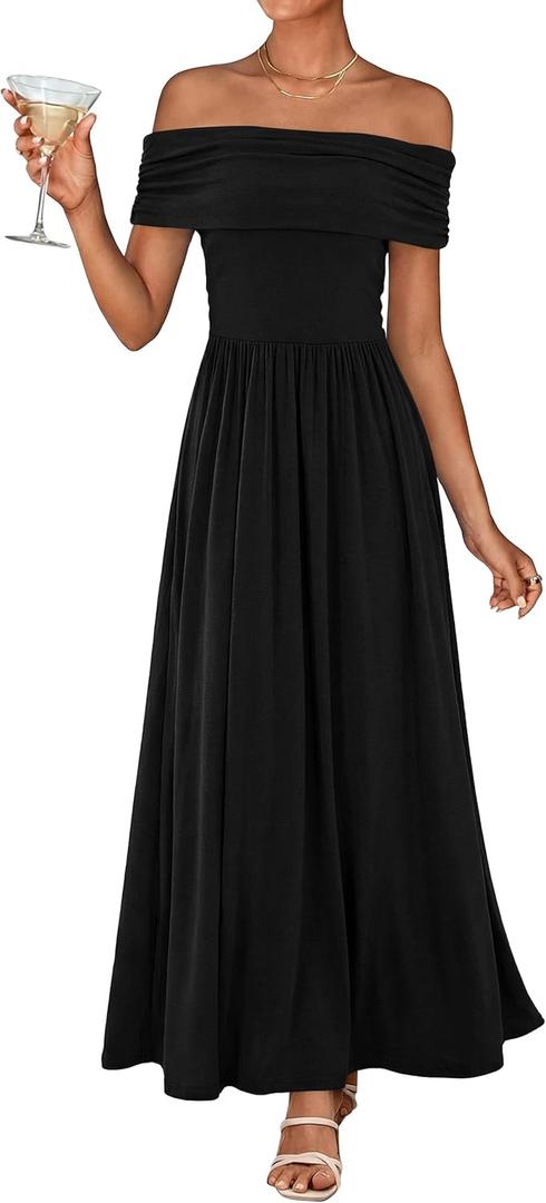 KIRUNDO Cocktail Dresses for Women 2026 Summer Off The Shoulder Ruched Pleated Long Flowy Formal Party Maxi Dresses Pockets (X-Large, Black)