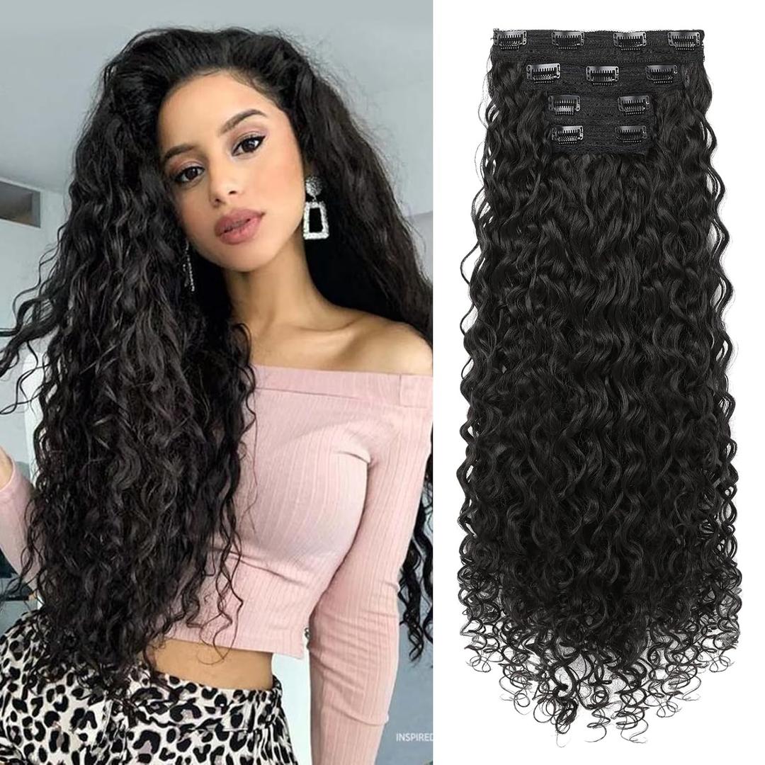 LONAI 4PC Clip in Hair Extensions, 100 Pure Protein Silk Curly Hair Extension for Women, 26 Inch Long Soft Natural Hair Extensions-Black Brown
