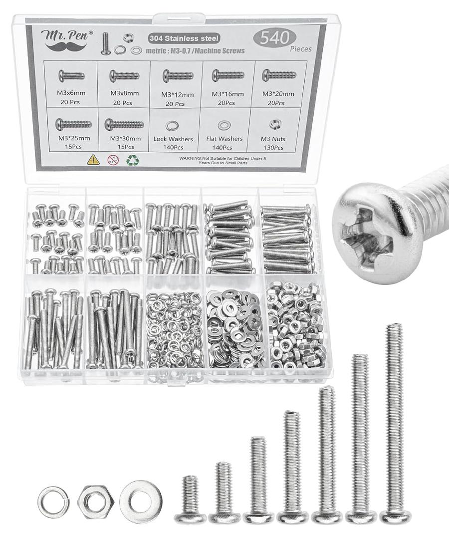 Mr. Pen- Nuts and Bolts Assortment Kit, 540 pcs, Stainless Steel, M3(7 Sizes 6-30mm) Phillips Pan Head Socket Cap Screws Assorted Nuts and Bolts Nut Bolt and Washer Assortment Bolt and Nut Assortment