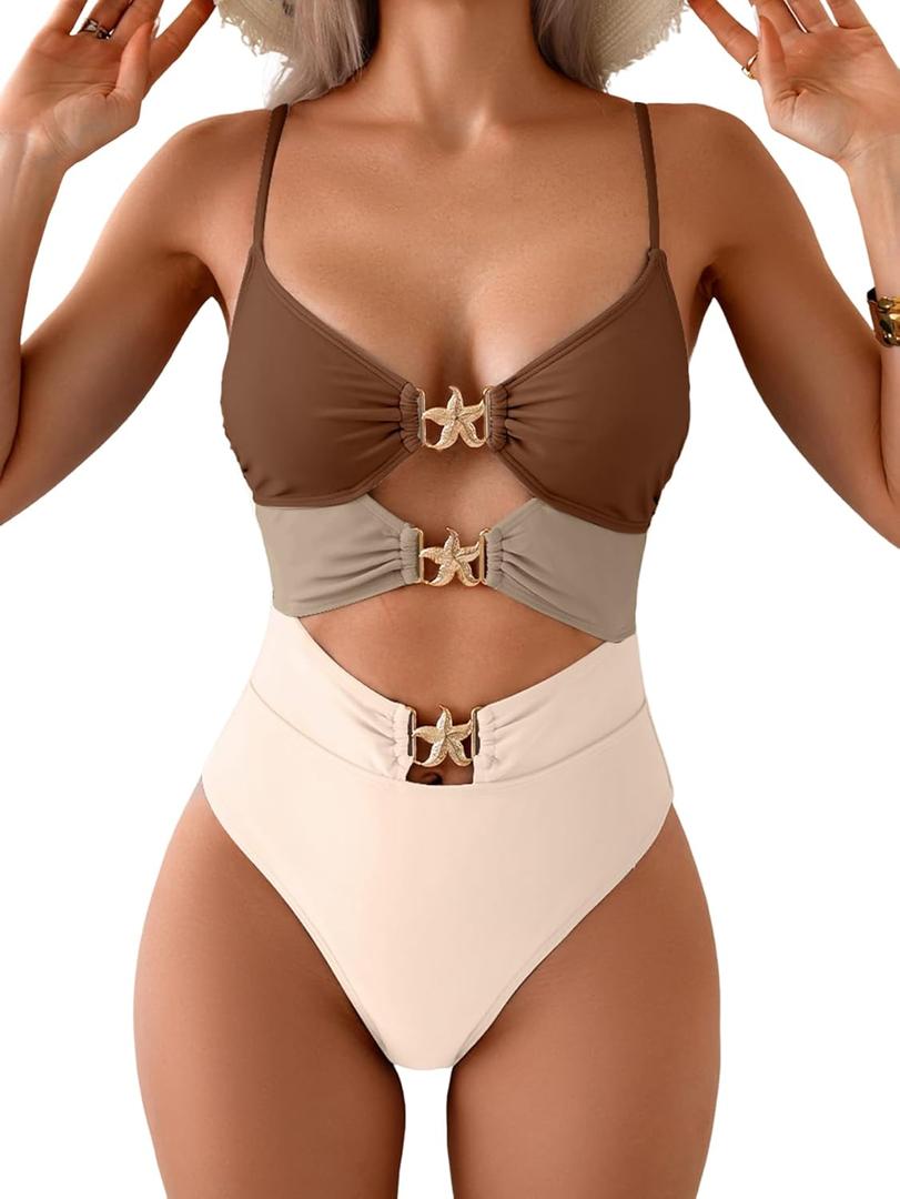 Eomenie One Piece Swimsuit for Women Cutout Monokini Sexy Bathing Suit Metal Swim Suit (Small, Brown and Beige) Eomenie One Piece Swimsuit for Women Cutout Monokini Sexy Bathing Suit Metal Swim Suit (Small, Brown and Beige)