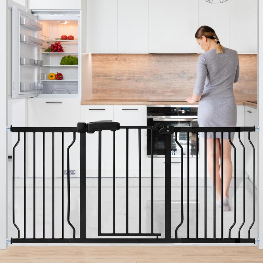 Extra Wide Baby Gate for Stairs Doorways with Door, 30" Tall 57.1-66.5" Wide Easy Install Dog Gate Indoor, Safety Metal Pressure Mounted Pet Gate with Walk-Thru Auto Close for the House, Black