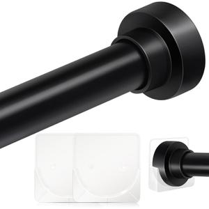 Tension Curtain Rod 34-120In(3-10Ft) with 2 Rod Holders, No Drilling Never Rust Long Shower Curtain Rod, Adjustable Spring Curtain Rod for Large Window or Outdoor Patio, Stainless steel, Matte Black