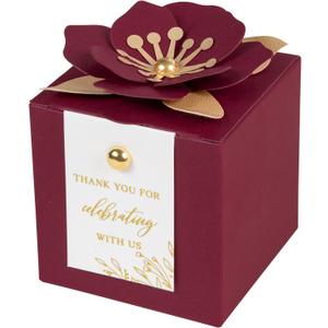 FEIYI 20 PCS Favor Boxes, 3 In 1Burgundy Candy Boxes with Floral Decor, White Thank You Tags Gold Foil Print Gift wrapping for Wedding, Baby Shower, Birthday, Decorations Party - 2.55x2.55x2.55