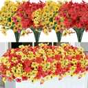 Geegoods Artificial Mums Flowers for Outdoors, 16 Bundles UV Resistant Fake Plastic Red and Yellow Flowers for Patio Porch Spring Summer Decor
