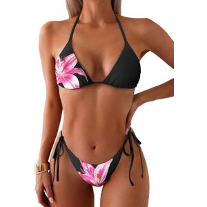 ZAFUL Triangle Bikini for Women 2 Piece Halter Bikini Sets Sexy High Cut Bathing Suit Side Tie Wave Textured Swimsuits (Medium, 1-black Flower)