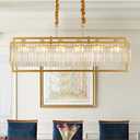 lighceac 43.7" Modern Gold Crystal Chandeliers for Dining Room, Luxury Rectangle 6-Light Kitchen Island Lighting, Linear Hanging Ceiling Pendant Light Fixture for Pool Table Entryway Foyer Hallway