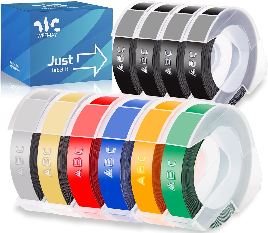 Weemay 10 Pack 3/8 Embossing Tape Compatible for Dymo 3D 9mm Plastic Embossing Label Tape for Organizer Xpress Pro 12965 DYM12966 Office Mate II Junior Home Embossing Label Maker, 3/8 Inch X 9.8 Feet