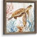 Sea Turtle Framed Wall Art: Wooden Coastal Theme Ocean Life Picture Artwork Seabed Sealife Coral Painting Print Decor Rustic Bathroom Bedroom Living Room Kitchen Decoration