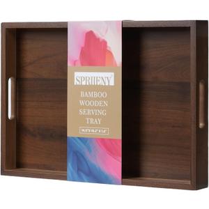 14.9''x10.2''x1.57'' Bamboo Wooden Tray with Handles, Rectangular Natural Solid Wood, Walnut Dark Brown Color Serving Tray.Suitable for Kitchen,Bedroom,Breakfast,Coffee,Decorative,Party Bars.