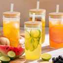 24 oz Glasses Drinking Set with Leakproof Bamboo Lids & Metal Straws, Glass Cups Set Double-Sided Fruit Print, Wide Mouth Kitchen Glasses Tumblers for Iced Coffee, Juice and Smoothie - 4 Pack