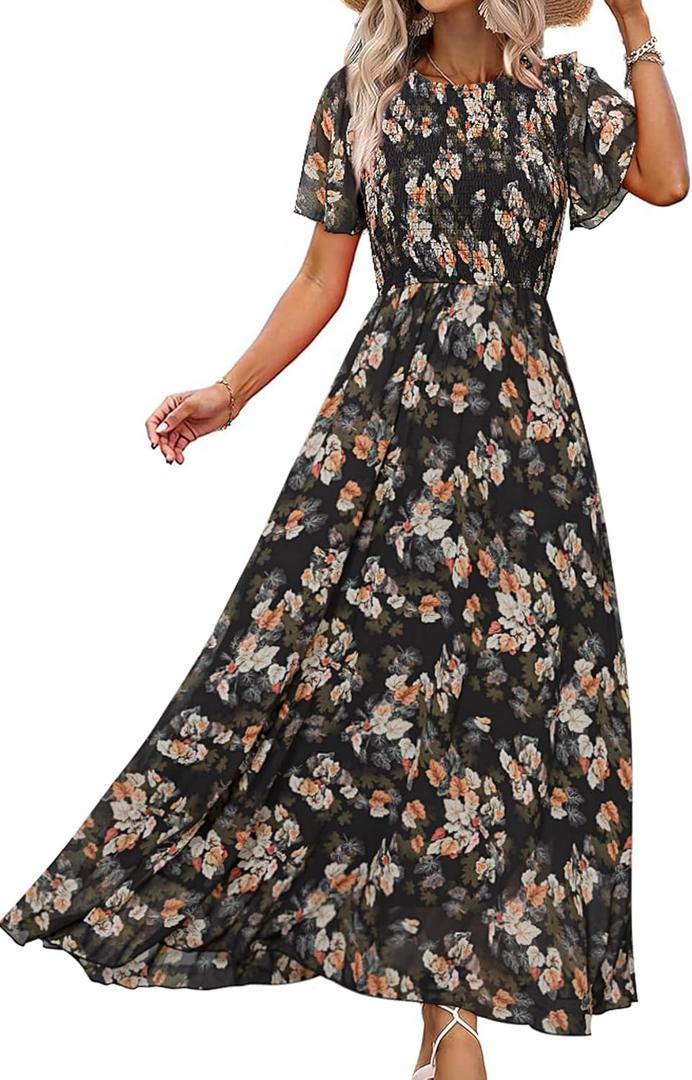Simplee Womens Casual Floral Summer Maxi Dress 2026 Boho Flowy Short Sleeve Crew Neck Vacation Smocked Chiffon Dresses (Brown, XL)