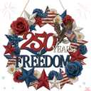 Yalikop 250 Anniversary 4th of July Wreath Patriotic Decorations Wreath for Front Door 250 Years of Freedom Wood Door Sign Hanger Memorial Independence Day Porch Home Wall Decor