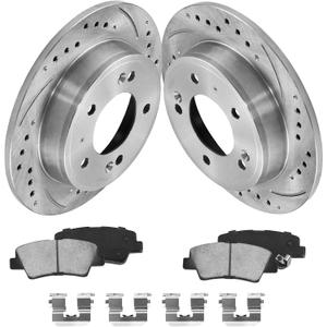 Rear Rotors Compatible with Forte [ 2014-2022 ] Brake Rotor Kit | 10.3'' Drilled and Slotted Disc Brake Rotor and Ceramic Brake Pads Brake Rotor Kit, Replacement 262mm Rotors Brake Kit