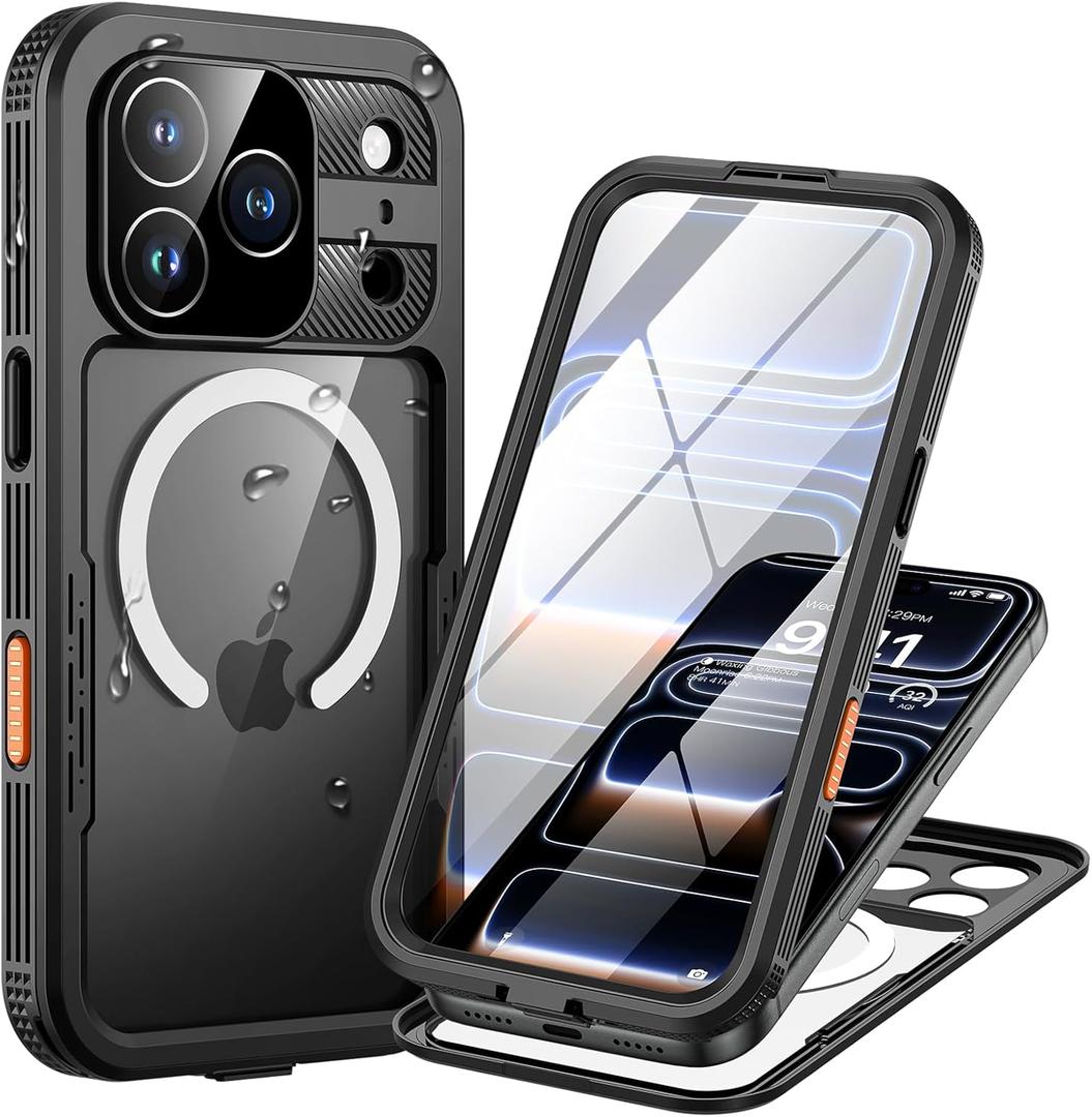 Lanhiem Magnetic for iPhone 17 Pro Case, IP68 Waterproof Dustproof Case, [Compatible with Magsafe] [Built-in Screen Protector] Full Body Heavy Duty Rugged Phone Cover 6.3 inch, Black/Clear