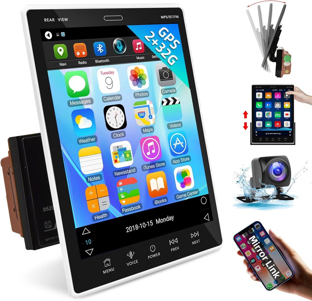 Double Din Car Stereo Touch Screen with Bluetooth, Rimoody 9.5'' Car Radio with GPS Navigation WiFi FM iOS/Android Mirror Link USB Vertical Split Screen + Backup Camera