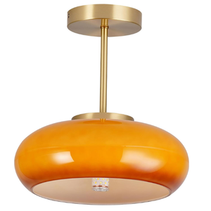 Qufute Brass Modern Hallway Ceiling Light  Orange Glass Ceiling Lamp with Dome Shade, Gold Mid Century Semi Flush Mount, Bedroom Entrance Light Fixture