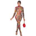 AIBEARTY Women's Printed Sheer Mesh Short Sleeve One Piece Jumpsuit Sexy See Through Backless Bodycon for Party Club (S)