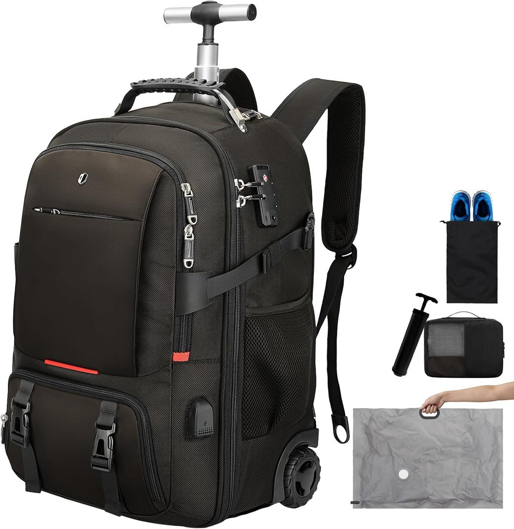 Backpack with wheels,rolling backpack with 2 Packing Cubes and compression bags,Laptop Compartment,Water Resistant Luggage suitcase,Air Travel,Weekend Trips (Brown)