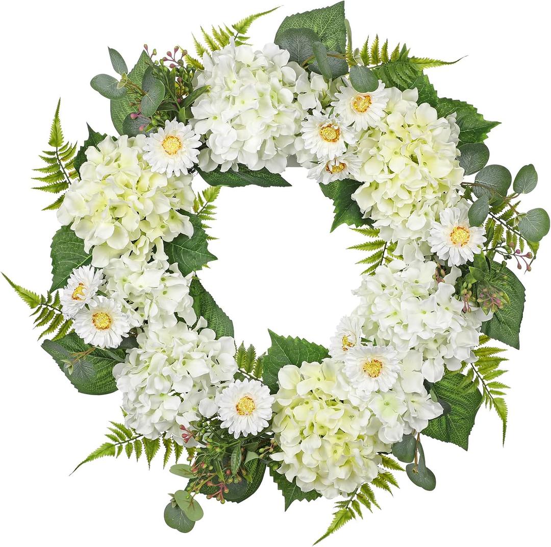 Briful 24'' Large Spring Wreaths for Front Door, Summer Floral Wreaths with Hydrangea Daisy, Realistic Artificial Wreath for Home Indoor Decor, Farmhouse Fireplace Windows Mantle Decorations, White