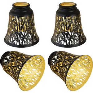 Pendant Light Shades, 4 Pack Ceiling Fan Light Shade Replacements with 1-5/8" Fitter, ALUCSET 4.72" Height and 4-3/4" Diameter, Metal Bell Shaped Cover for Chandelier Pendant Light Wall Sconces (Black Gold Trumpet Star)