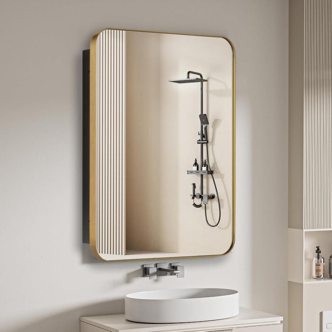 20" x 26" Bathroom Medicine Cabinet with Mirror Door, Brush Gold Stainless Steel Frame, Recessed or Surface Mounted,Storage Cabinet with Adjustable Metal Shelves,Upgraded Version