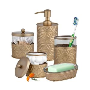 Autumn Alley Brushed Gold Bathroom Accessories Set, 5 Piece Champagne Gold Modern Bathroom Decor - Soap Dispenser, Toothbrush Holder, 2 Apothecary Jars, Soap Holder, Farmhouse Bathroom Décor