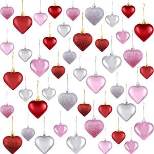 Duufin 45 Pieces Valentine's Day Heart Ornaments Heart Shaped Baubles Decorations Glitter Hanging Ornaments Decorations for Valentine, Christmas Tree (Red, Pink, Silver)