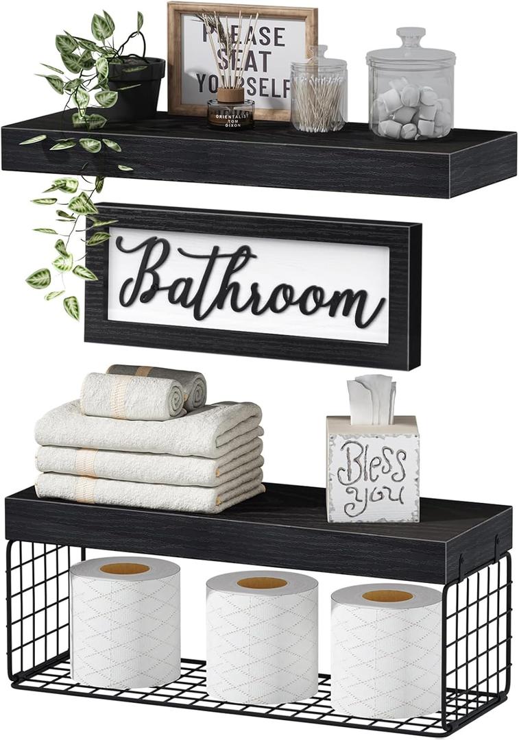 QEEIG Bathroom Shelves Over Toilet - Paper Storage Wall Mounted Farmhouse Decor Decorations Aesthetic Dcor Sign Small Floating Shelf 2+1 Set 16 inch, Black (020B)