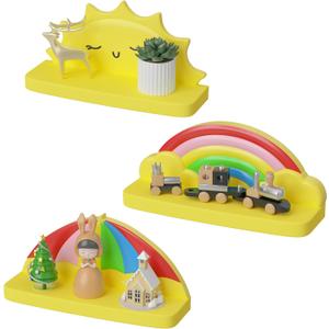 Veluckin Floating Shelves for Kids Room Nursery Wall Decor Display Compact Style for Livingroom Bedroom Bathroom3 PackE1 (Yellow Sun+yellow Umbrella+yellow Rainbow)