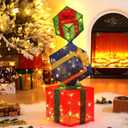 Pinkunn 3D 2.8 ft Lighted Gift Boxes Outdoor Decorations Set of 3, 50 LED Stackable Nesting Gift Boxes Battery Operated for Winter Outdoor Decoration(Green, Blue, Red,Classic Box Style)