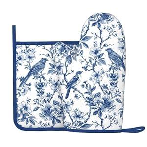 Blue Silicone Oven Mitts Pan Mats Set of 2, Heat Resistant Gloves Potholder with Non-Slip Grips Hanging Loops Pot Holder, Spring Summer for Chef Cooking, Baking, Grilling, BBQ