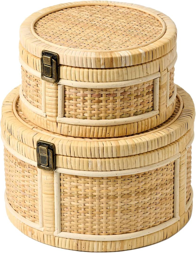 2PCS Rattan Storage Boxes with Lids Wooden Frame Decorative Natural Rattan Round Baskets Set Handmade Woven Wicker Keepsake Memory Jewelry Box Bin Boho Cane Desktop Organizer Container