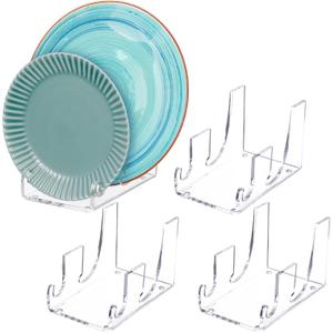 4 Pcs 2 Tier Plate Dinnerware Display Stand Acrylic Clear Plate Stand China Platters Holder Setting Racks for Kitchenware Display Cabinet Organizer