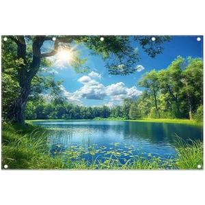 ZTHMOE Fabric 12x8ft Lake Natural Scenery Backdrop River Forest Tree Blue Sky Bokeh Background Picnic Camping Hiking Spring Outdoor Party Decorations Photoshoot Banner Props