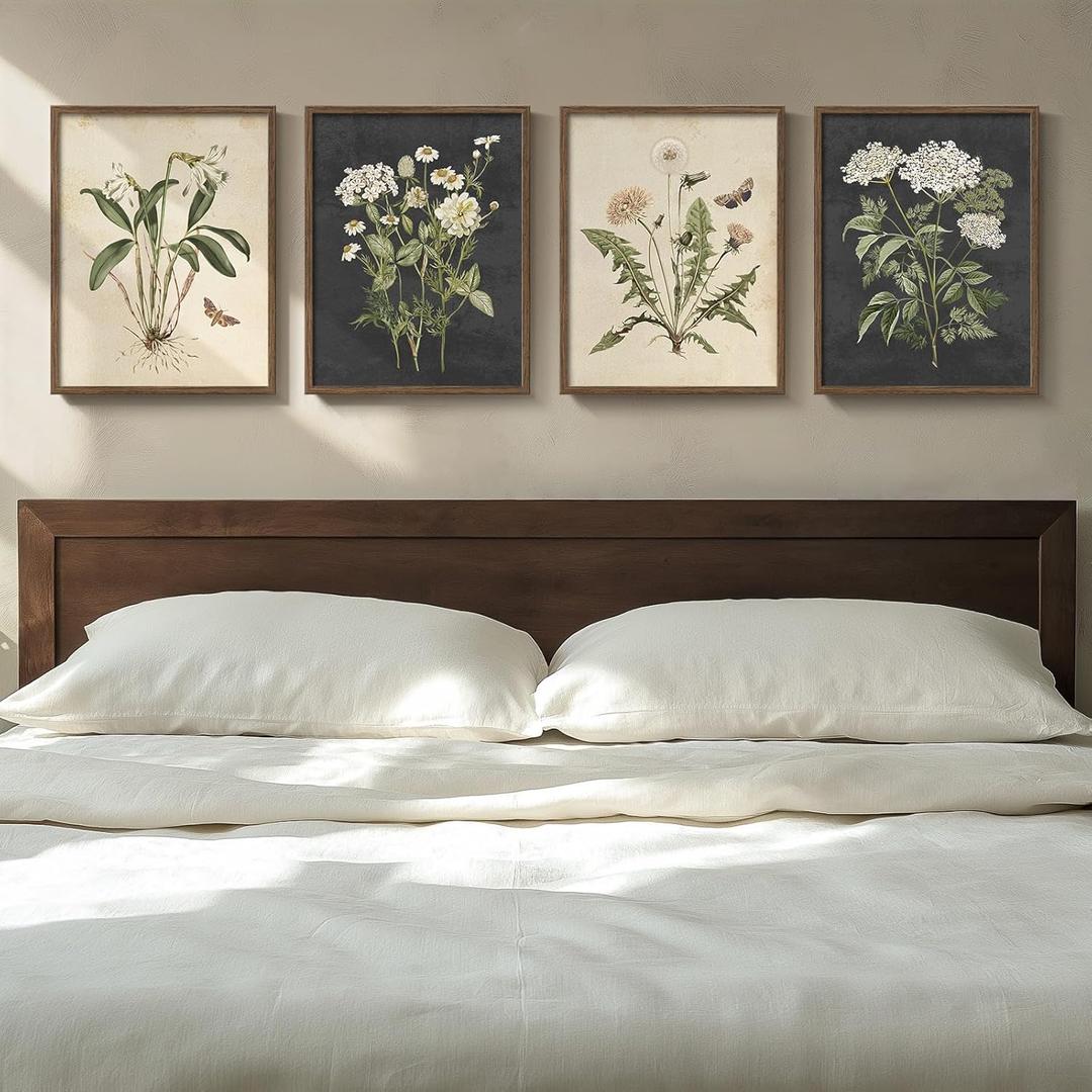 Framed Vintage Botanical Wall Art Bedroom, 4 Piece Rustic Farmhouse Floral Canvas Prints Artwork, Neutral Flower Butterfly Pictures for Modern Farmhouse Living Room Kitchen Bathroom Wall Decor, 11x14