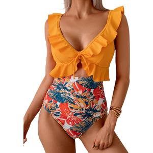 Eomenie One Piece Swimsuit for Women Tummy Control Ruffle Bathing Suit V Neck Ruched Swim Suit Slimming Cutout Swimwear (Medium, Orange Print)