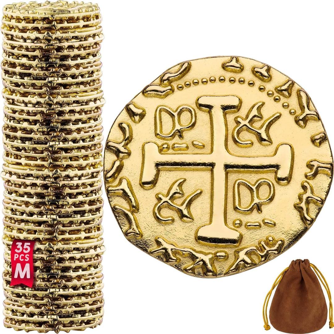 Leib Games Metal Pirate Coins - 35 Gold Treasure Coin Set, Metal Replica Spanish Doubloons for Pirate Party Decorations & Favors, Tokens, Toys, Cosplay - Pirate Treasure Chest, Size 7/8"