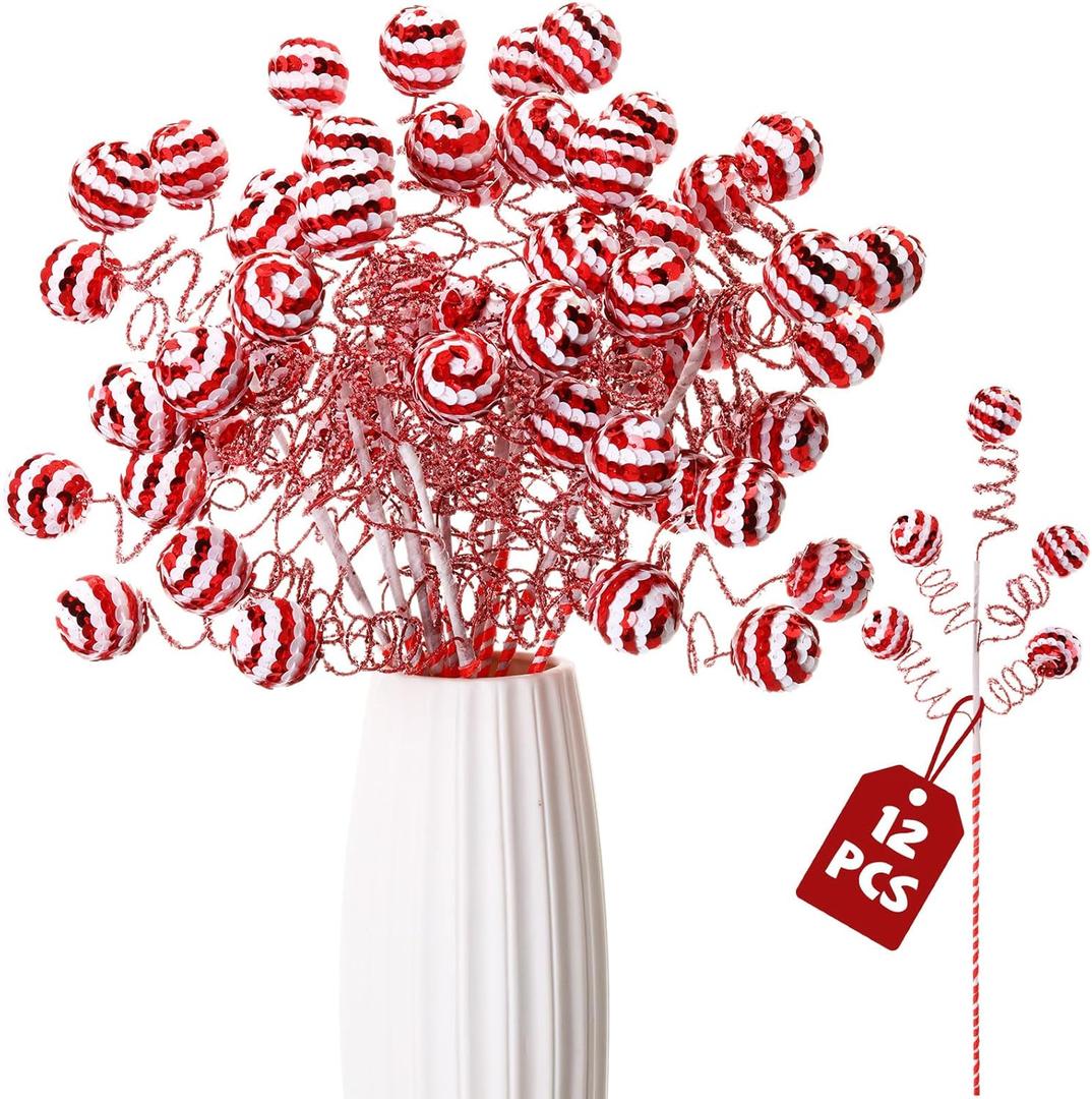12 Pcs 16" Christmas Sequins Ball Picks Candy Christmas Tree Picks Christmas Bling Ball Ornaments Sticks for Xmas Tree Topper Home Vase Filler Craft Holiday Party Decor(Red and White)