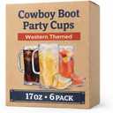 JoyServe Cowboy Boot Cups - (Pack of 6) 17oz Cowboy and Cowgirl Drink Mugs, Reusable BPA-Free Plastic Mug with Handle for Western Themed Rodeo Birthday Party Decorations and Supplies