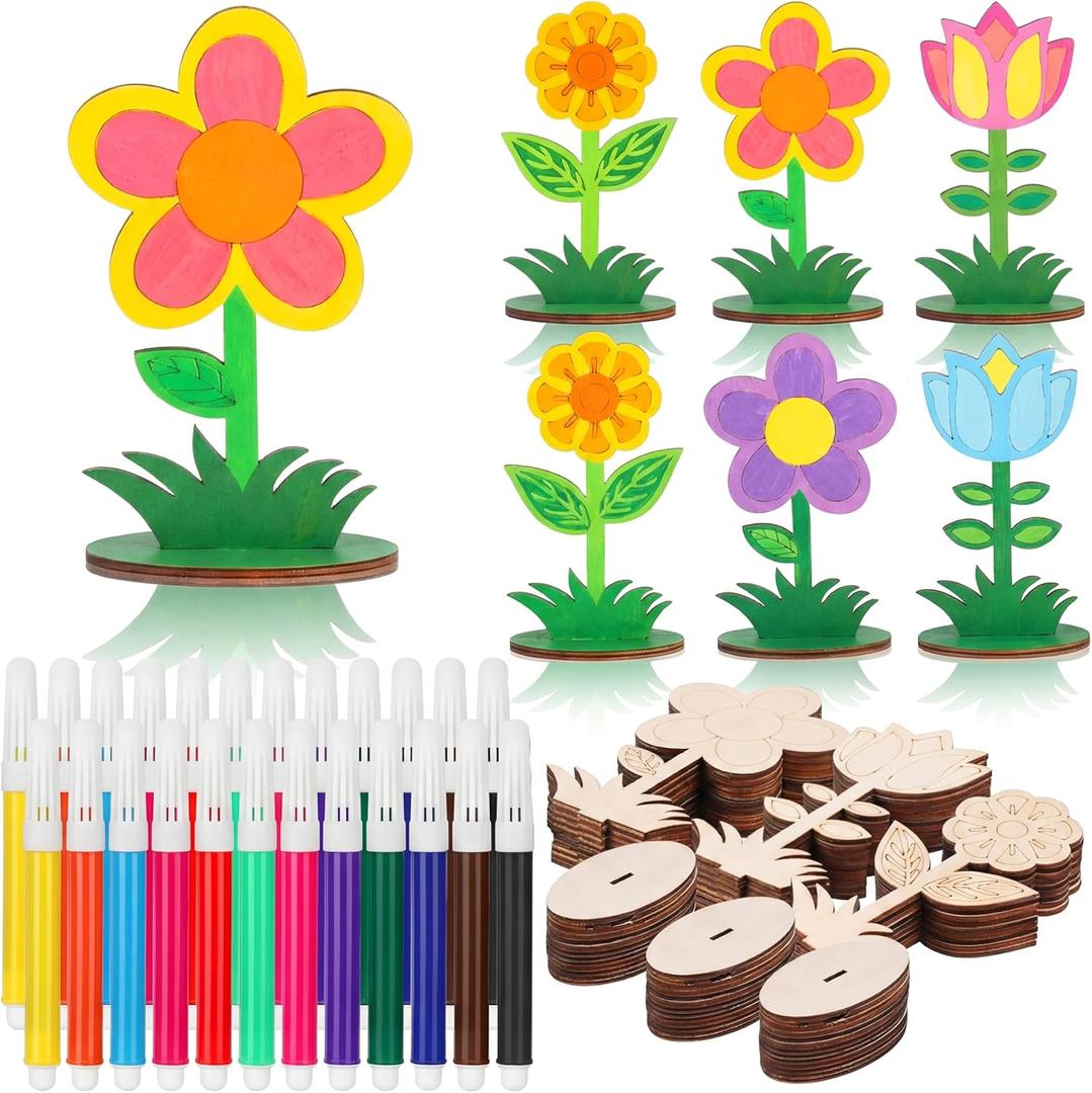 54 Pcs DIY Wooden Flowers Painting Craft Kit Mother's Day Crafts 30 Paint Your Own Wood Flowers Cutout Slices with 24 Colored Pens for Spring Party Activities Art Projects Gifts
